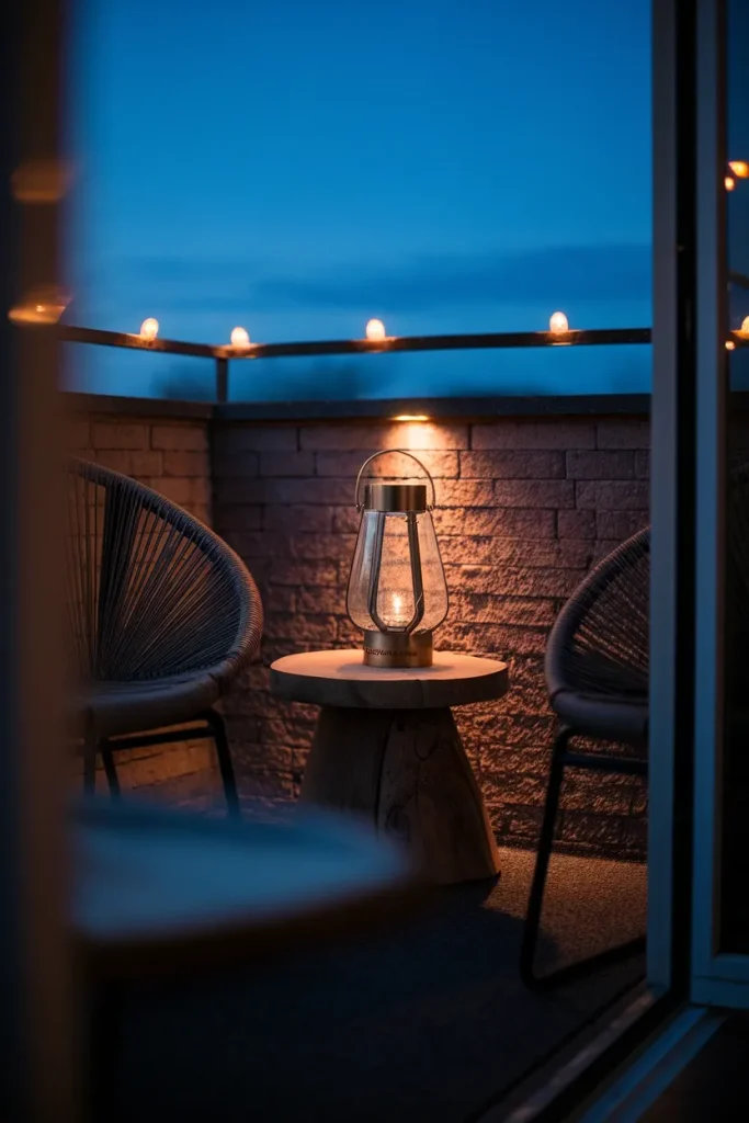 Balcony lighting ideas with a lantern, railing lights, and a warm wall wash at dusk