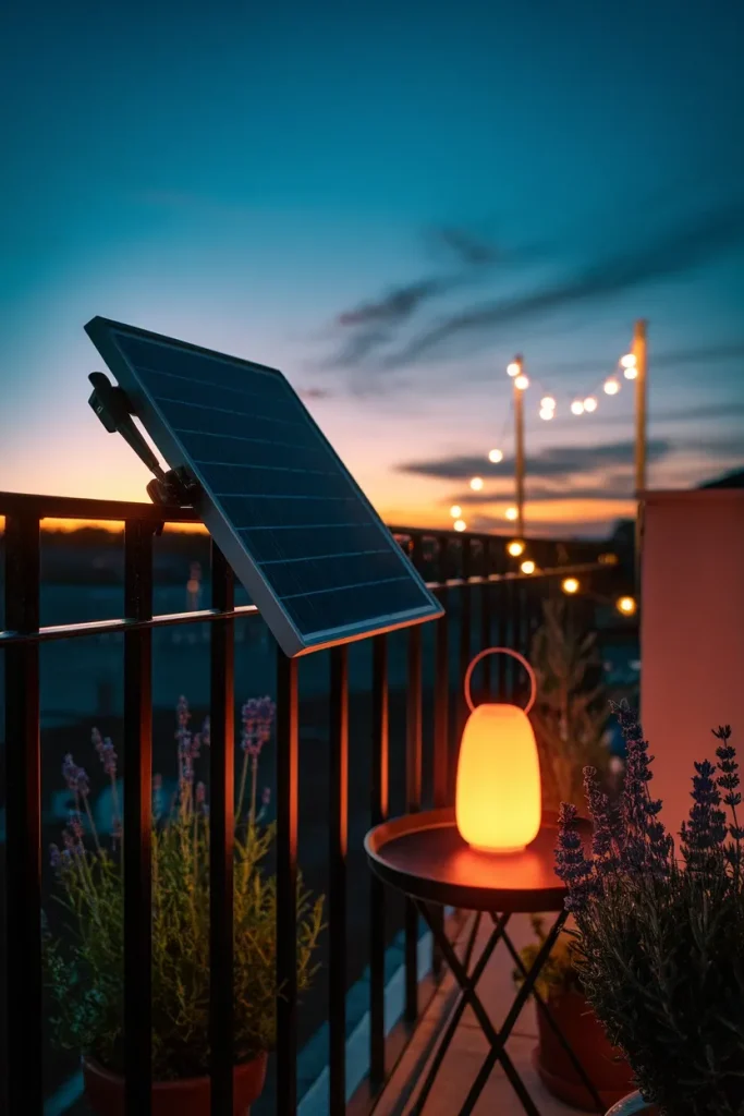 Balcony lighting ideas with no outlet using a railing solar panel and rechargeable lantern
