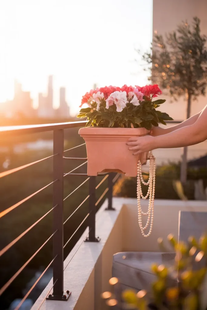 Balcony railing design modern cable style on a small apartment balcony at sunset