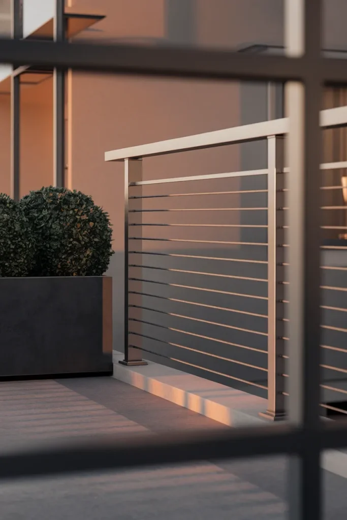Balcony railing design modern showing cap line, cable infill and floor shadow gap Balcony railing design modern showing cap line, cable infill and floor shadow gap