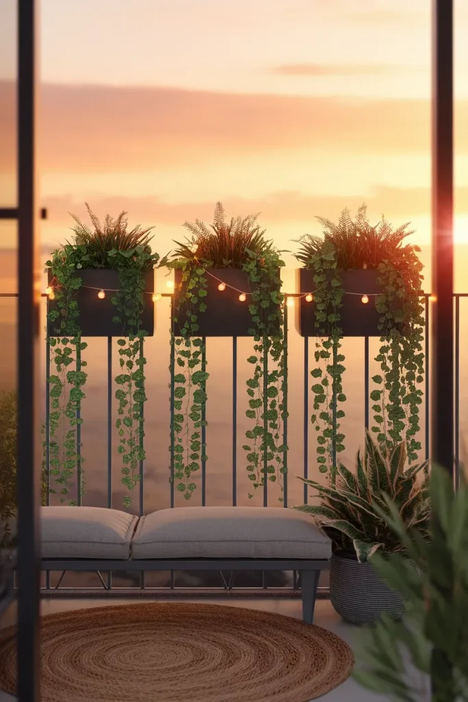Balcony railing styled with matching planters and warm string lights at dusk