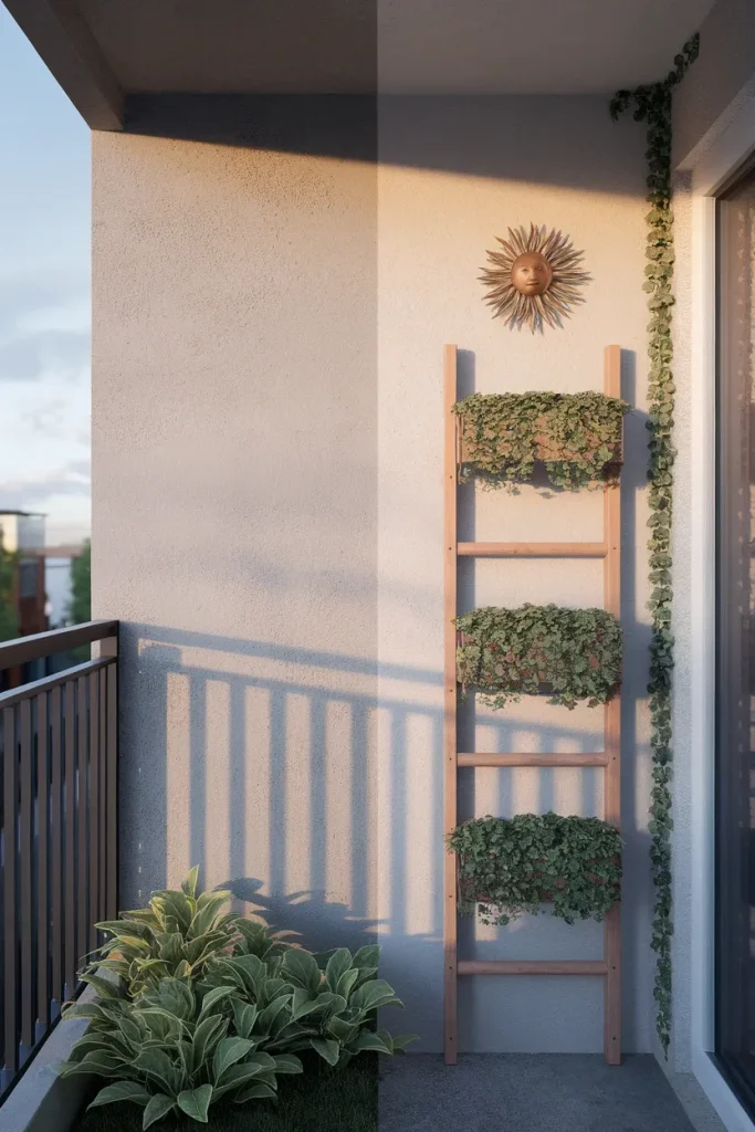 Balcony wall decor before and after on a small apartment balcony with trellis and planters