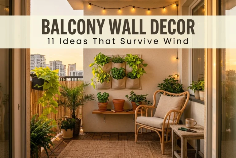 Balcony wall decor ideas with pocket planters, cedar shelf and string lights on a small apartment balcony