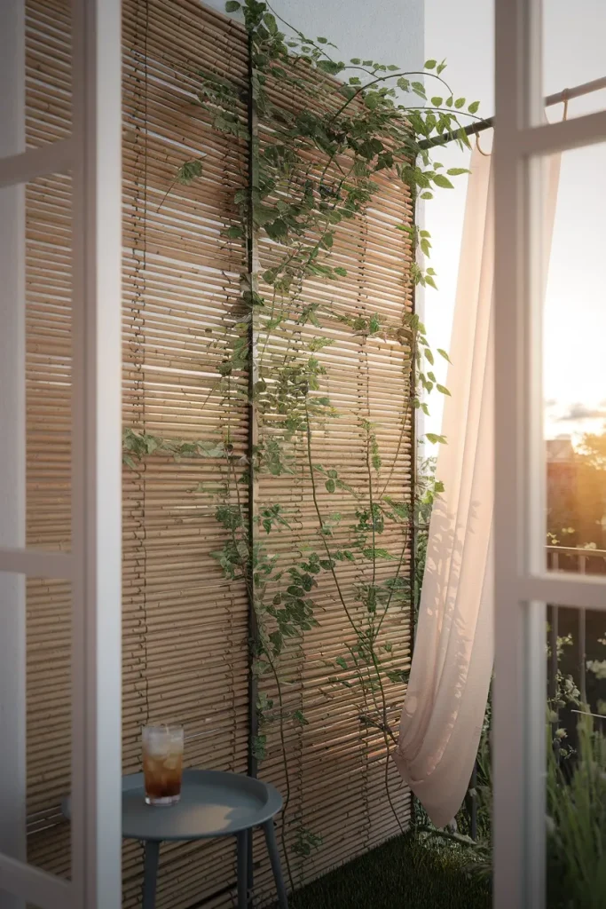 Bamboo reed screen and outdoor curtain used for privacy focused balcony wall decor