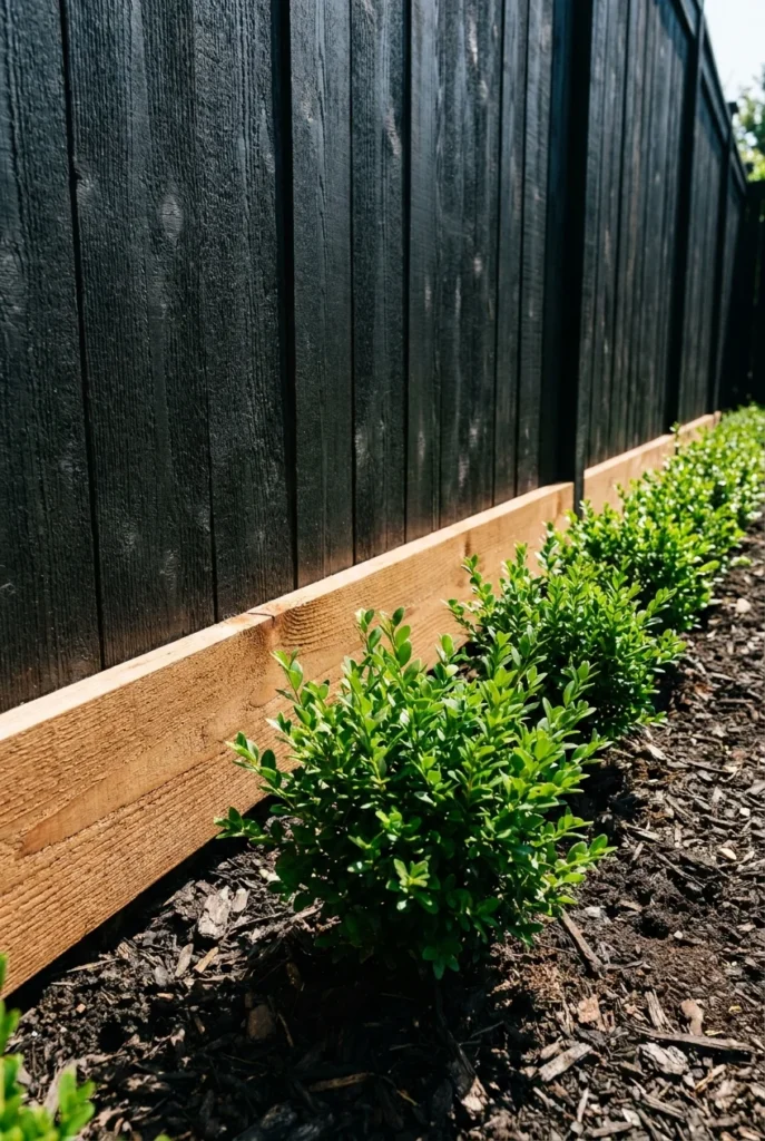 Base board and boxwood row closing the bottom gap in a backyard fence makeover