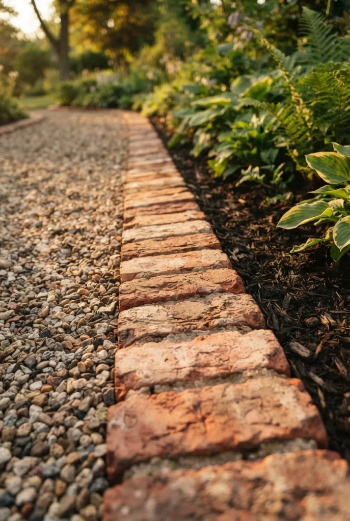 Brick soldier course edging containing a pea gravel cottage garden path