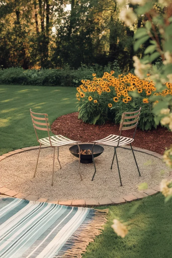 Budget backyard garden ideas a gravel seating circle with salvaged painted chairs
