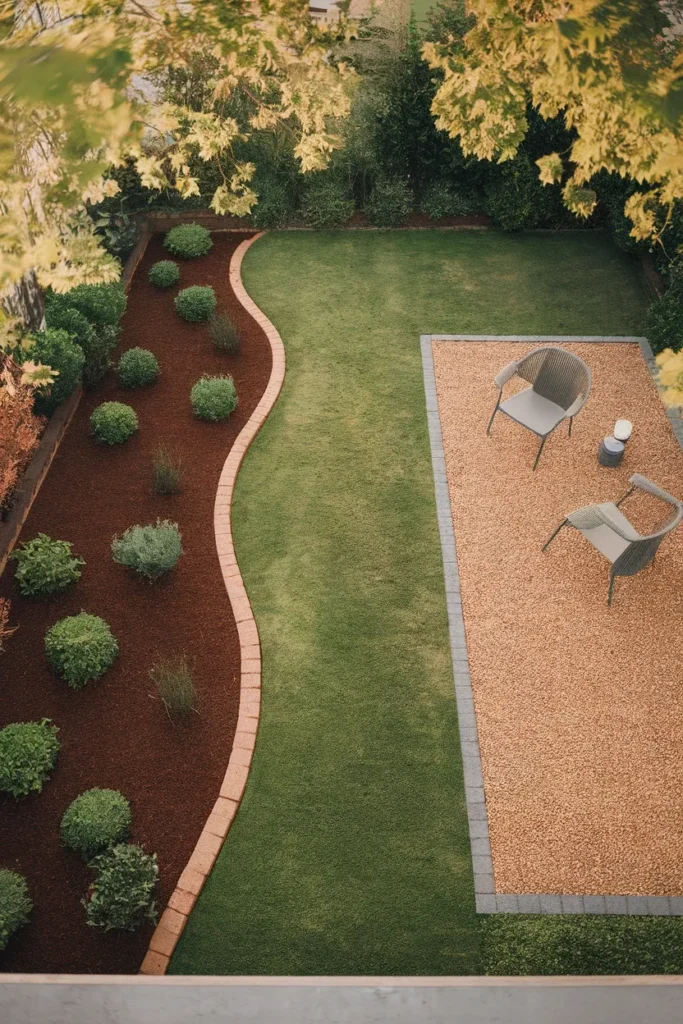 Budget backyard garden ideas laid out in three zones mulched bed, gravel seating, lawn
