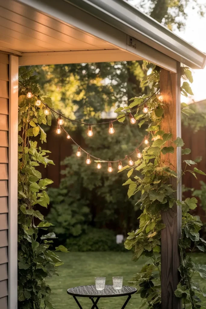 Budget backyard garden ideas overhead string lights swagged across a small patio