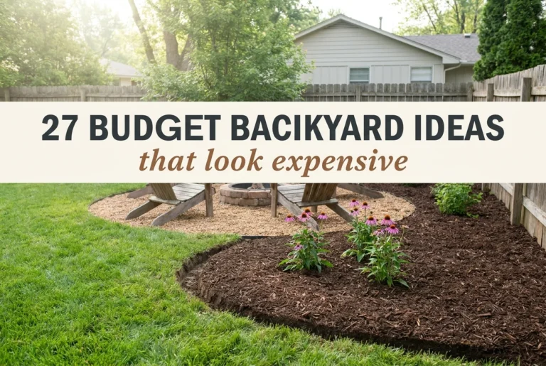 Budget backyard garden ideas pin showing a mulched bed, gravel seating, and coneflowers