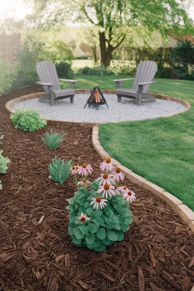 Budget backyard garden ideas showing a mulched bed, gravel seating circle, and fire pit . Backyard Landscaping Ideas on a Budget