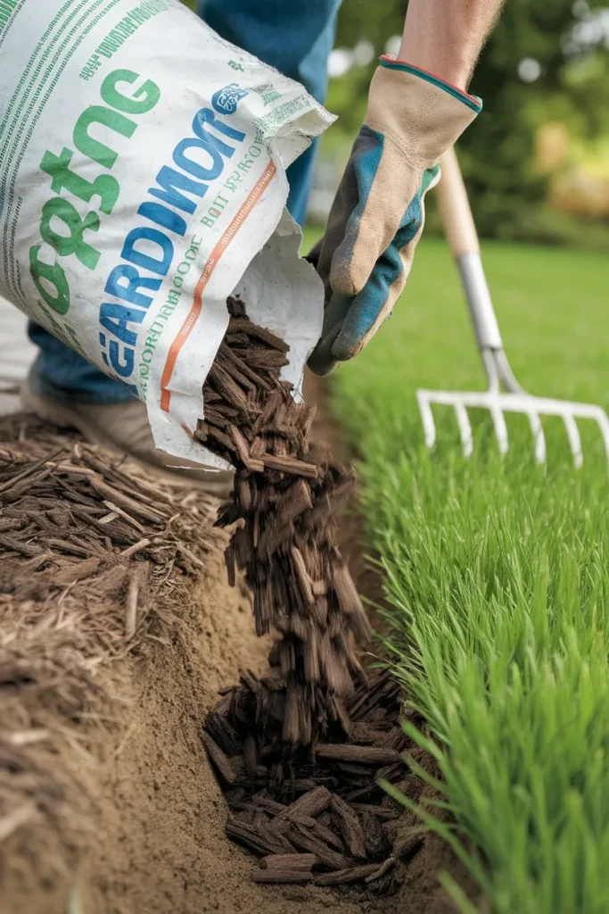Budget backyard garden ideas start with mulch poured along a freshly cut bed edge