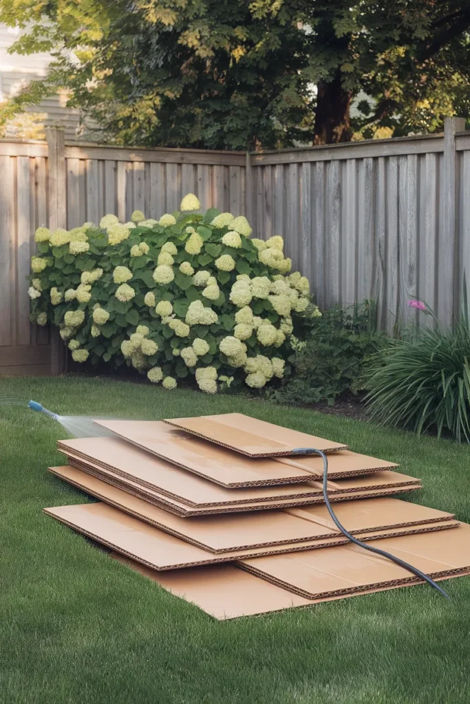 Budget backyard garden ideas using cardboard sheet mulching to kill grass cheaply