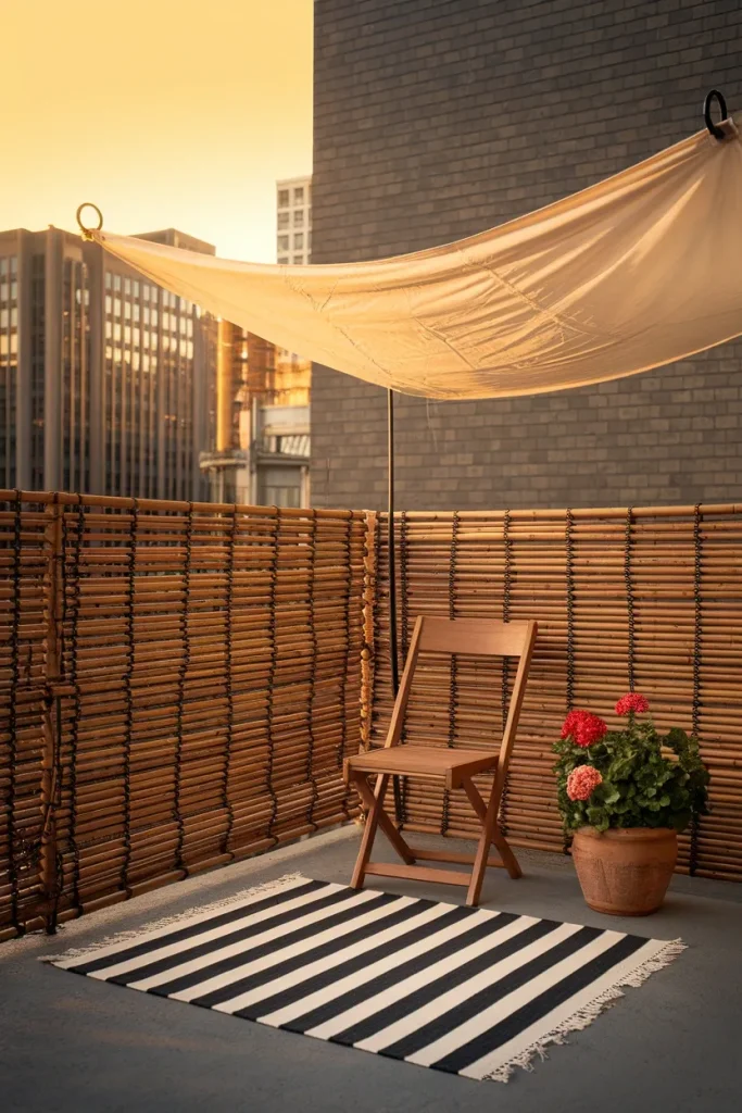 Budget balcony covering ideas with bamboo screen, outdoor rug and simple fabric canopy