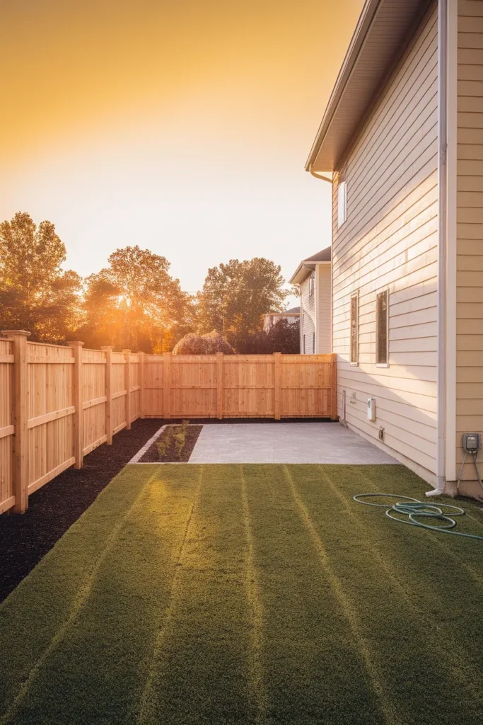 Builder grade backyard before makeover with flat sod, bare fence line, and small concrete slab