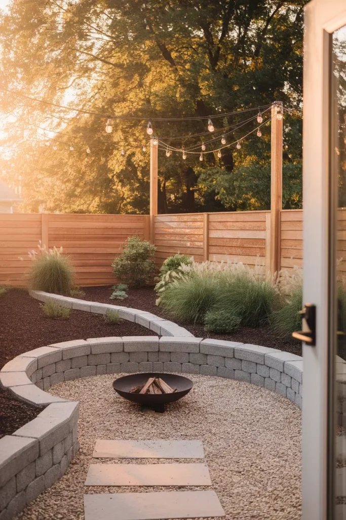 Builder grade backyard makeover at golden hour with gravel patio, fire bowl, and string lights