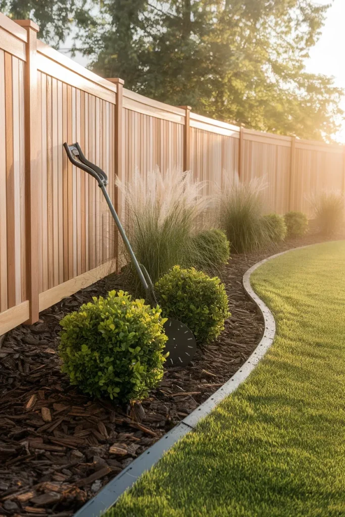 Builder grade backyard makeover bed line with steel edging, dark mulch, and new boxwood