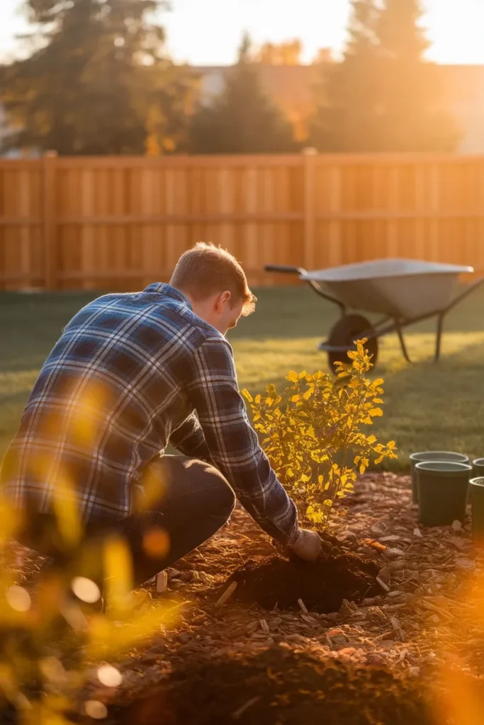 Builder grade backyard makeover fall planting with shrubs, mulched bed, and wheelbarrow