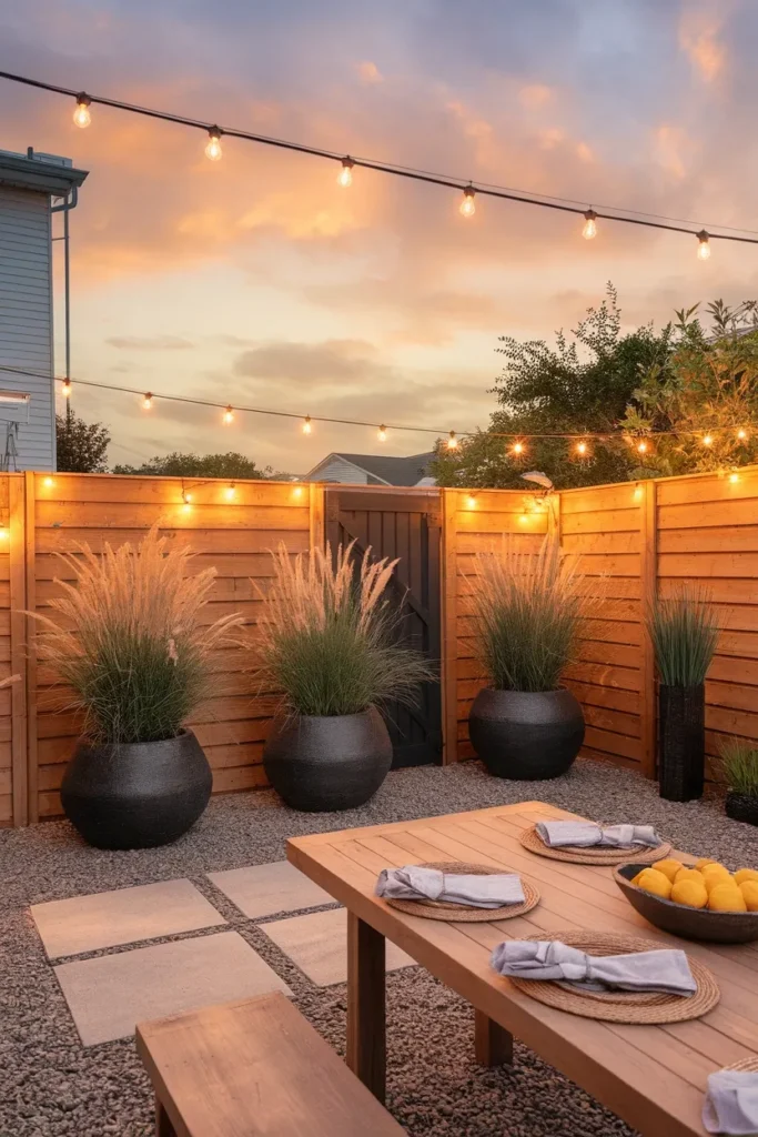 Builder grade backyard makeover finished evening scene with dining table, planters, and string lights