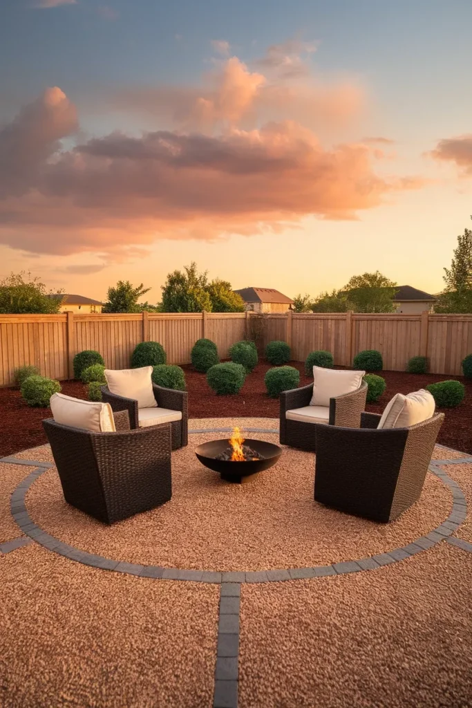 Builder grade backyard makeover gravel fire pit seating area at golden hour with four chairs