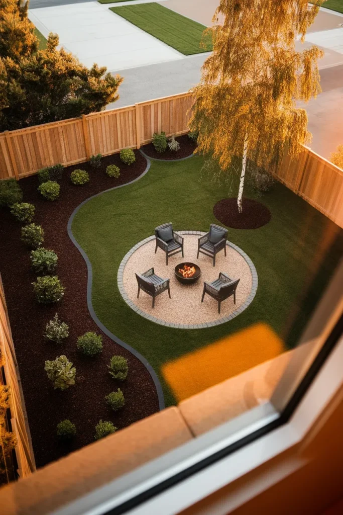 Builder grade backyard makeover overhead view showing edged beds, gravel seating zone, and tree