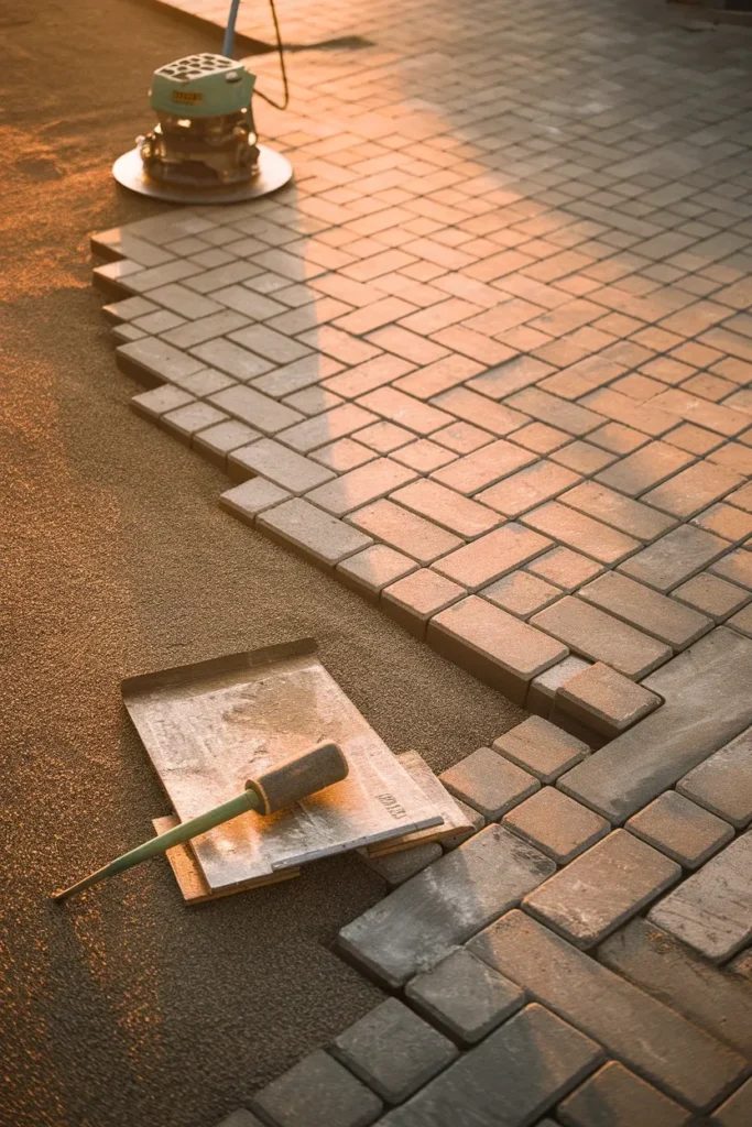 Builder grade backyard makeover paver patio build in progress with base, screed board, and mallet