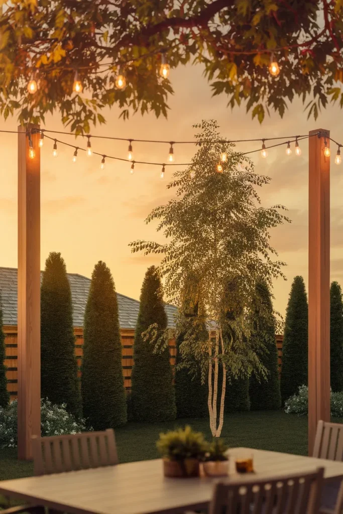 Builder grade backyard makeover vertical layers with string lights, birch tree, and evergreen screening