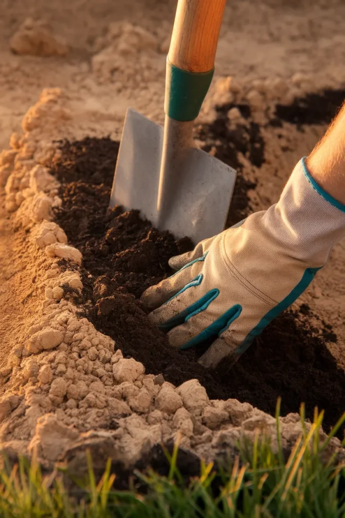 Builder grade backyard soil prep, hands mixing compost into compacted clay in a new bed