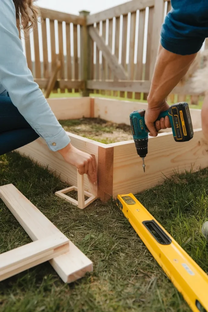 Building a raised garden bed along fence with cedar boards and a cordless drill