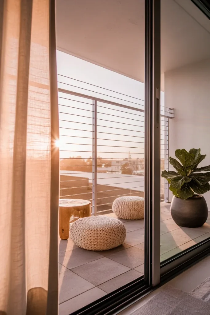 Cable railing balcony with stainless steel horizontal runs and golden hour light