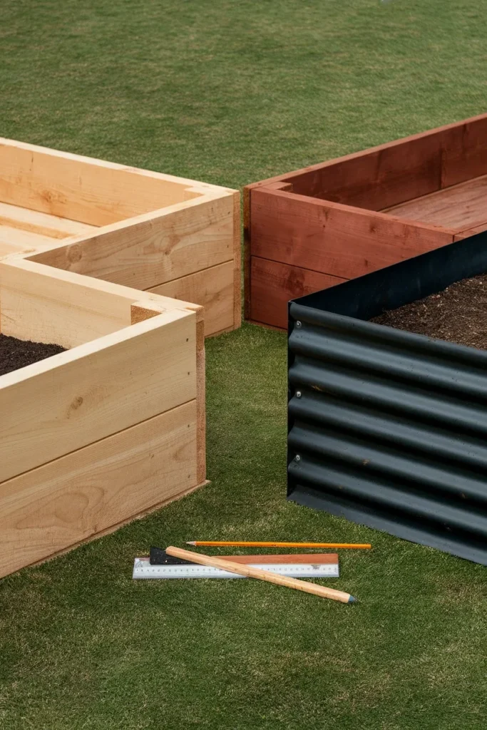 Cedar, fir, and metal raised garden bed corners compared side by side