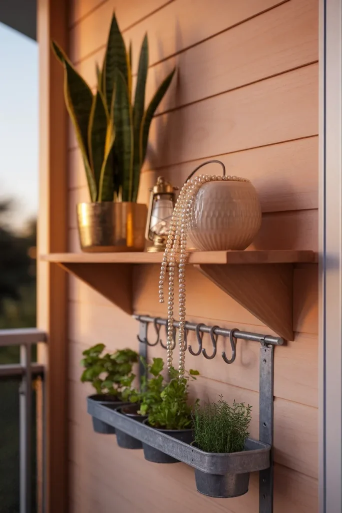 Cedar floating shelves and a hanging herb rail used as functional balcony wall decor
