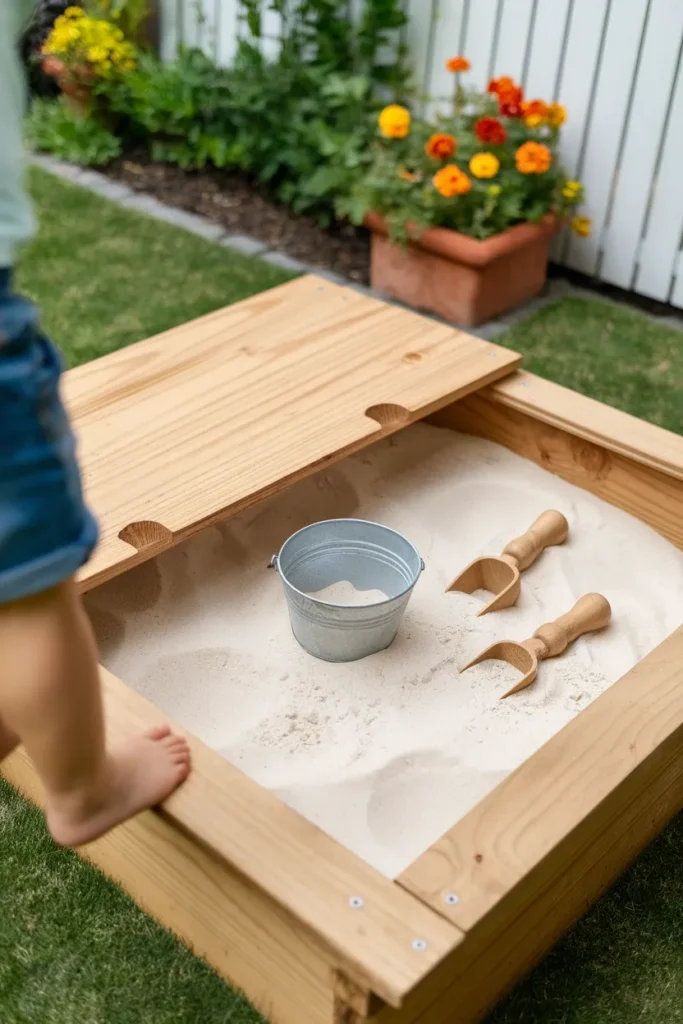 Cedar lidded sandbox in a small backyard play area for kids with scoops and bucket