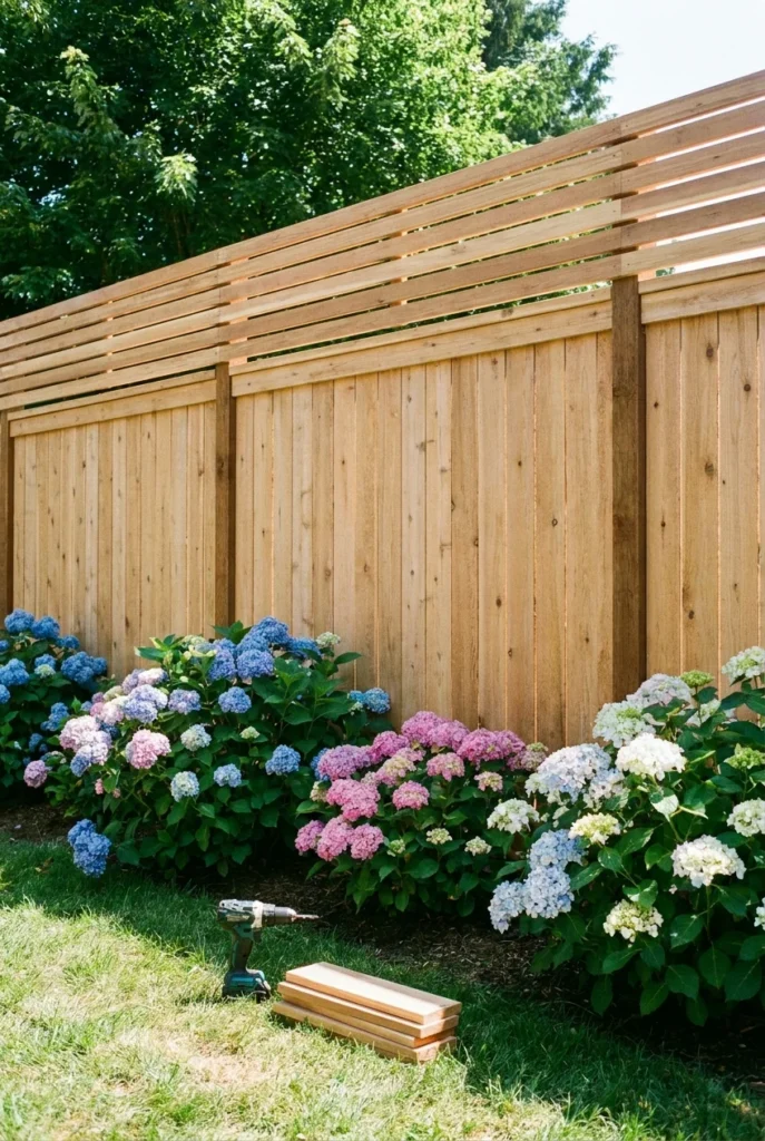 Cedar slat fence topper adding height and privacy in a backyard fence makeover