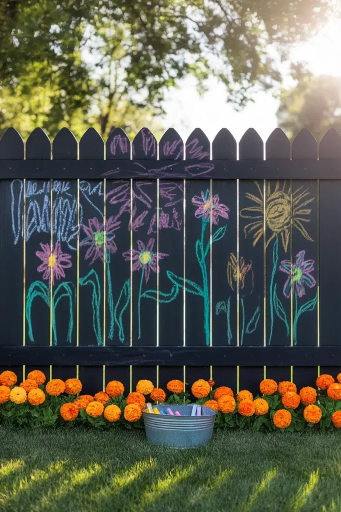 Chalkboard paint fence wall, a vertical small backyard idea for kids