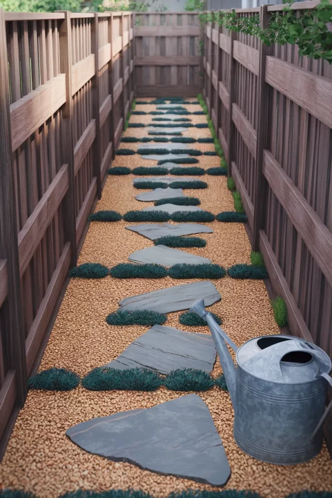 Cheap backyard fix using pea gravel path over a worn dog track along a fence