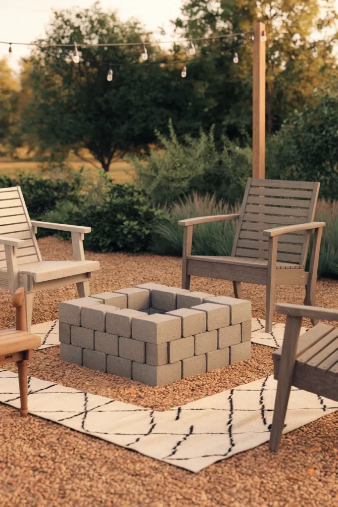 Cheap backyard focal point with block fire pit, gravel base and overhead string lights