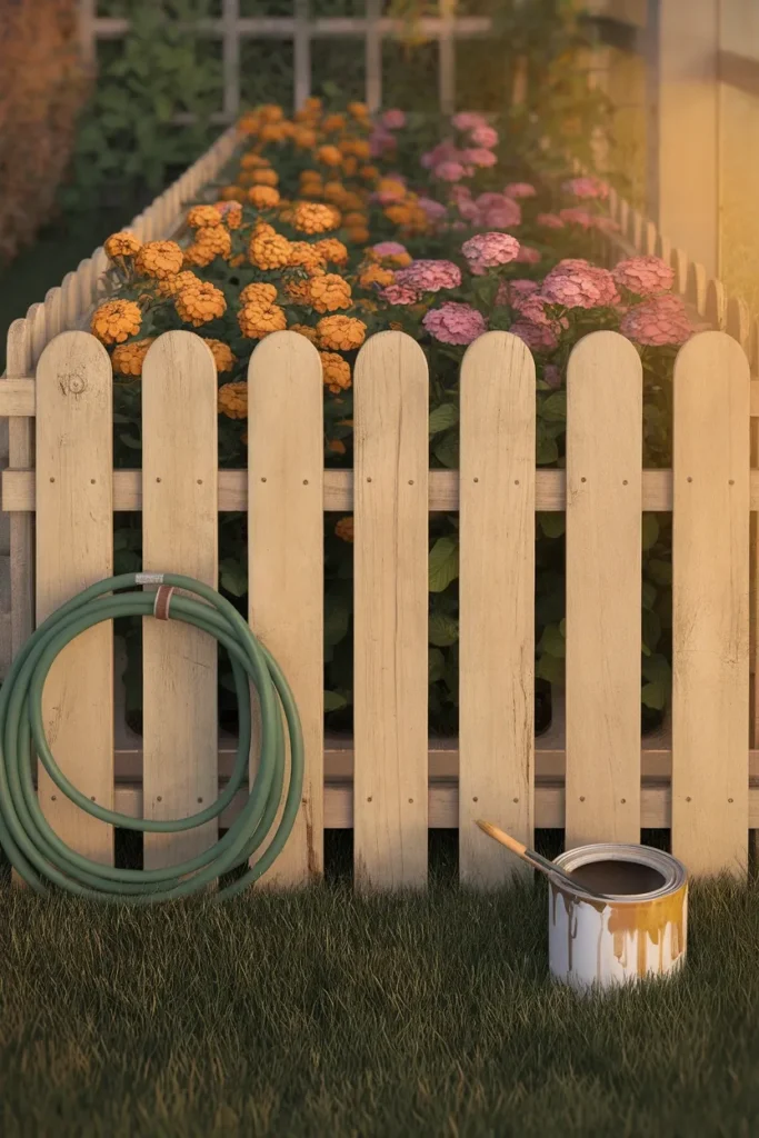 Cheap cottage garden fence built from painted reclaimed pallet slats