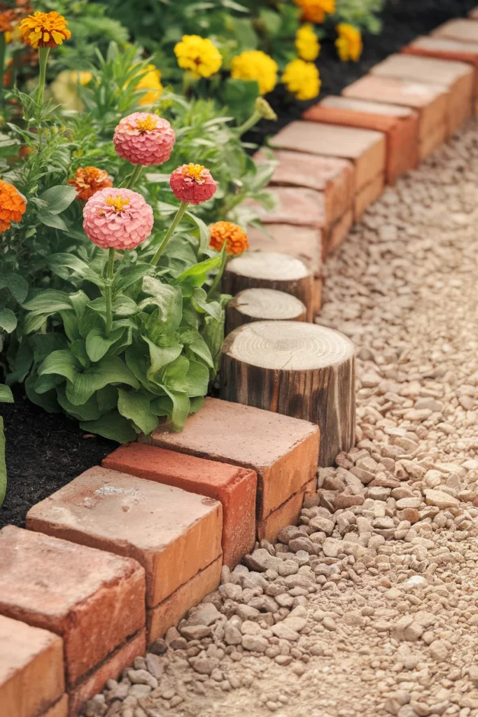 Cheap garden edging ideas mixing salvaged brick, gravel trench, and log rounds