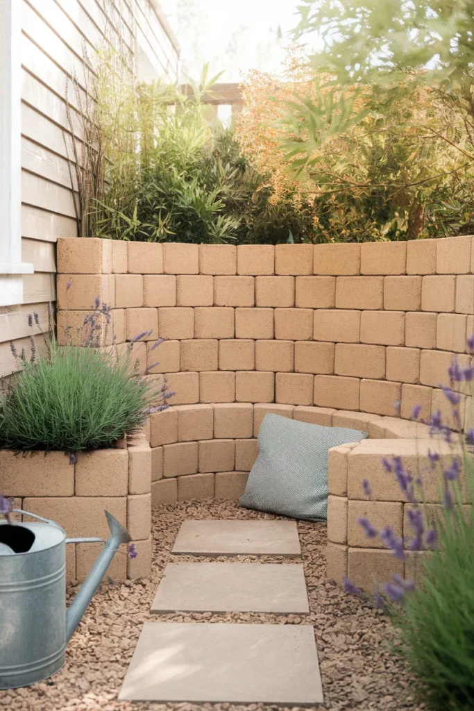 Cheap garden wall ideas for renters using dry-stacked tumbled blocks on a gravel pad with no mortar