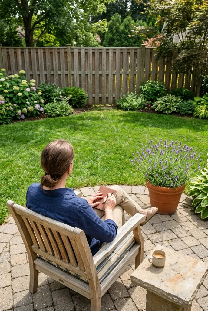 Checking the seated sightline for a backyard fence makeover from a patio chair