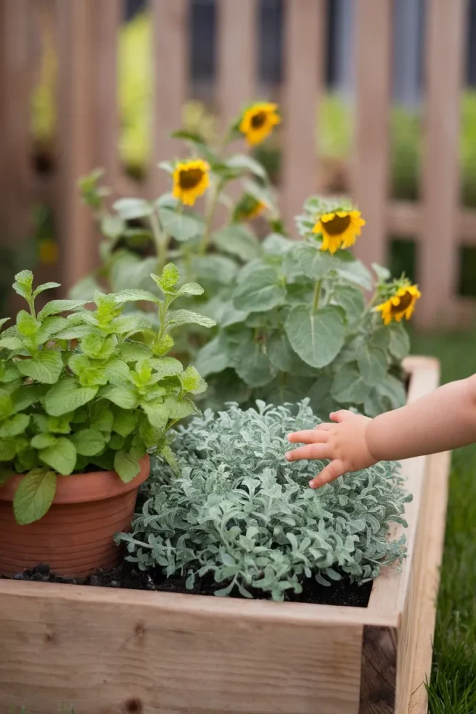 Child-safe plants like lamb's ear in a small backyard kids garden bed