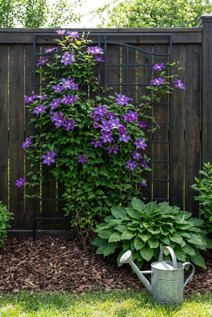 Clematis climbing a trellis against a dark stained fence for backyard privacy