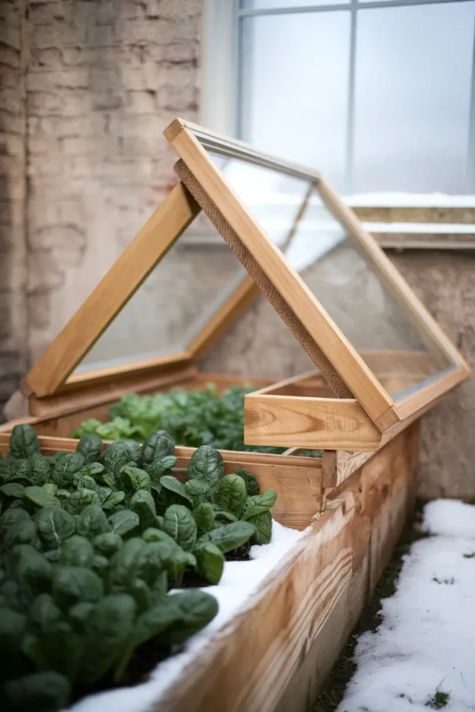 Cold frame raised garden bed cover with glass lid propped open over winter spinach