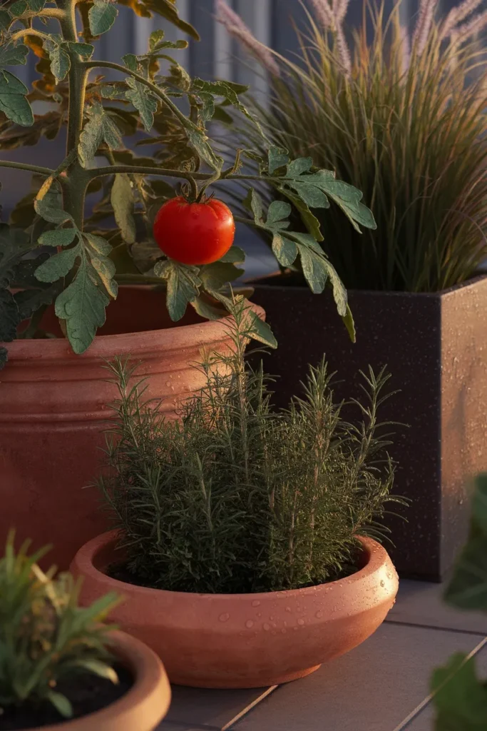Container garden with tomato, rosemary, and grasses in a renter friendly backyard makeover