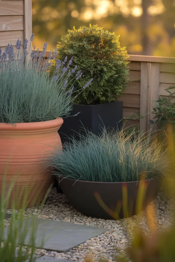 Container plants for a small backyard oasis including lavender, arborvitae and fescue grass