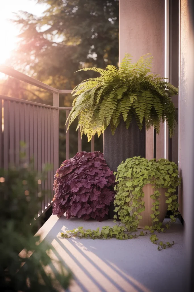 Container shade garden ideas for a low light patio using ferns and heuchera