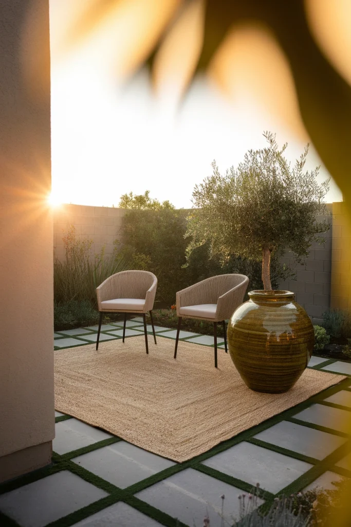 Correctly sized outdoor rug with furniture legs on it for a small backyard patio