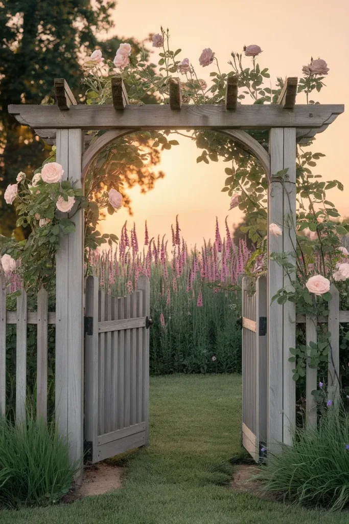 Cottage garden fence arbor gate with climbing roses over a grass path