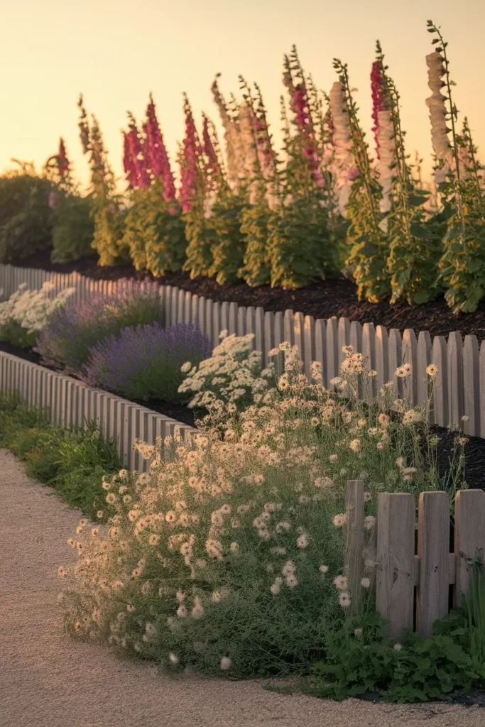 Cottage garden fence border planted in tiers with hollyhocks set back from the boards